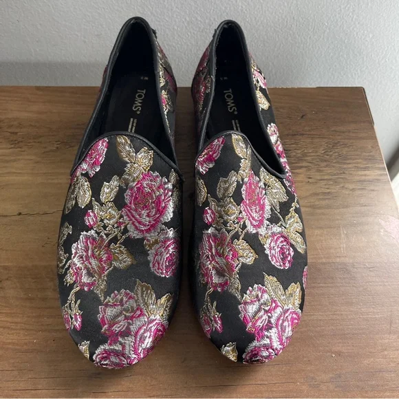 TOMS Women's Black and Pink Floral Loafers - Picture 1 of 8